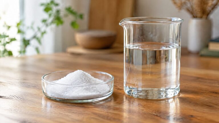 Sodium benzoate: white crystalline powder in a glass dish beside a beaker of water