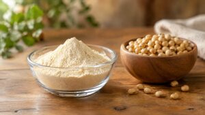 Soy peptide powder beside dried soybeans