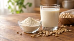 Soy peptide powder beside soy milk and soybeans