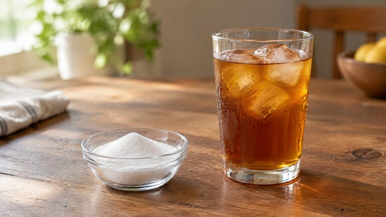 Sucralose sweetener powder beside iced tea