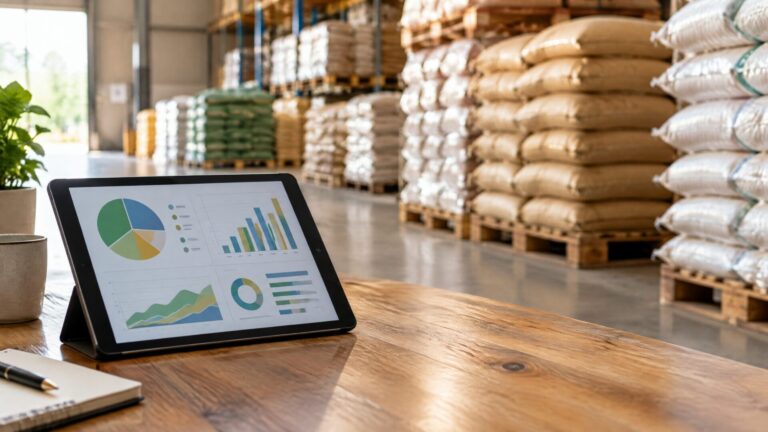 Tablet with charts in front of a warehouse of ingredient sacks