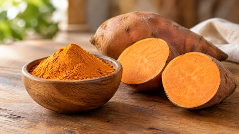 Sweet potato powder in a wooden bowl beside halved orange sweet potatoes