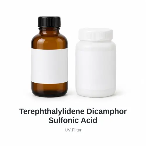 Terephthalylidene Dicamphor Sulfonic Acid cosmetic ingredient, sample containers on a white background
