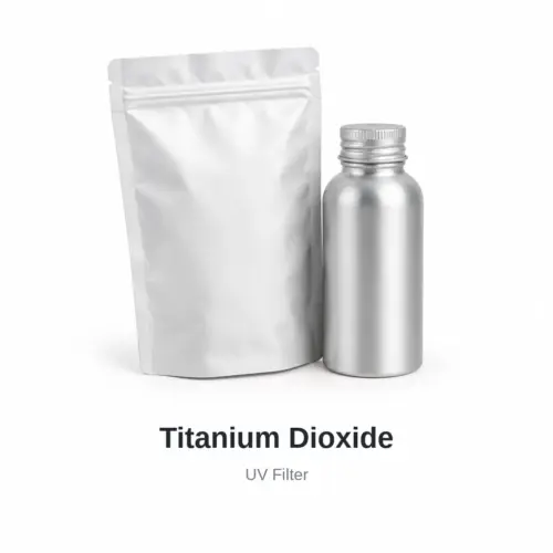 Titanium Dioxide cosmetic ingredient, sample containers on a white background