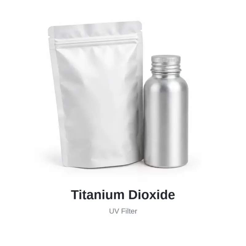 Titanium Dioxide cosmetic ingredient, sample containers on a white background