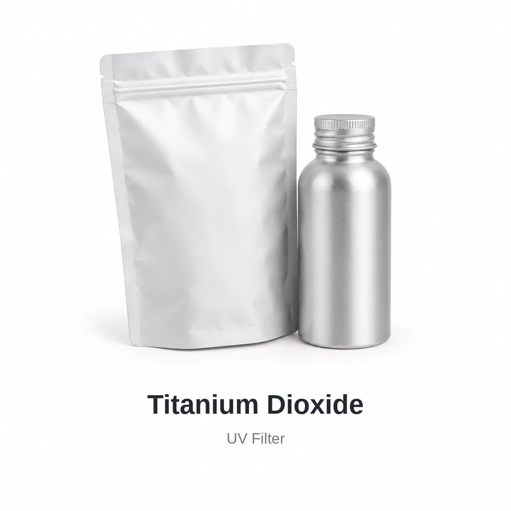 Titanium Dioxide cosmetic ingredient, sample containers on a white background