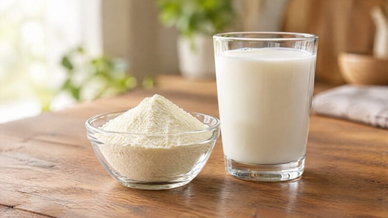 Whole milk powder beside a glass of milk