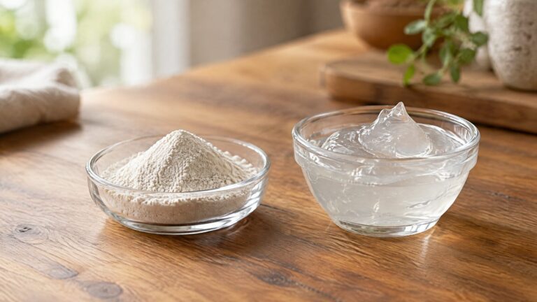 Xanthan gum powder beside thickened gel