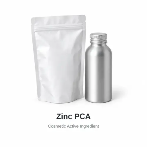 Zinc PCA cosmetic ingredient, sample containers on a white background