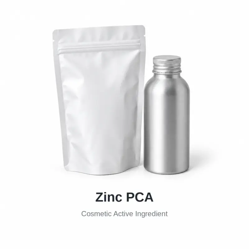 Zinc PCA cosmetic ingredient, sample containers on a white background